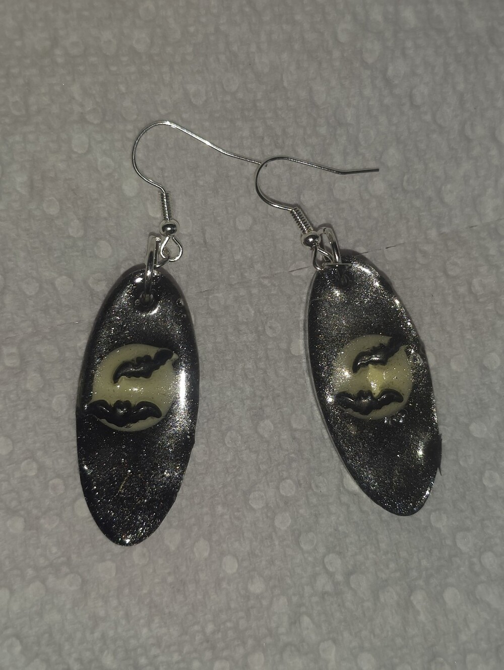 Halloween Resin Bat Earrings On A Full Moon With Hooks